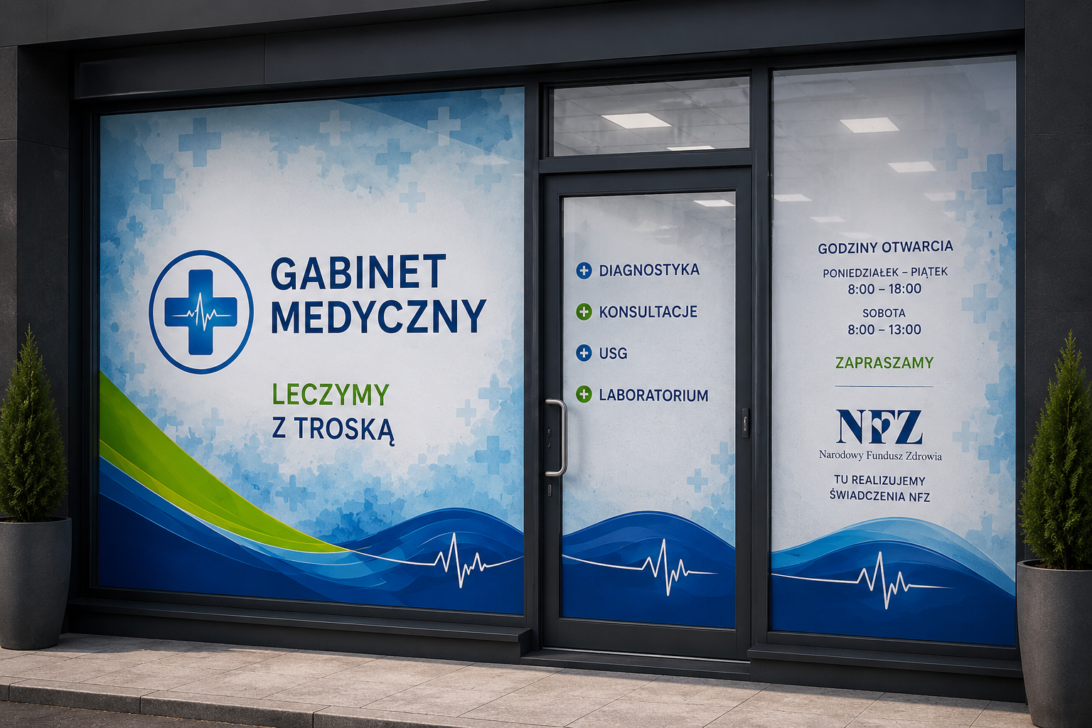 Projekt i oklejanie witryny gabinetu medycznego realizującego świadczenia NFZ w Białymstoku