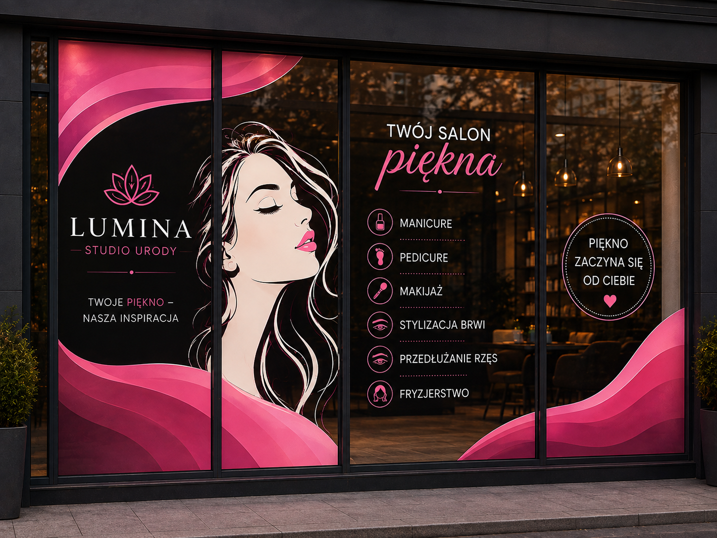 Projekt i reklamowe oklejanie witryny salonu piękności Lumina Studio Urody w Białymstoku