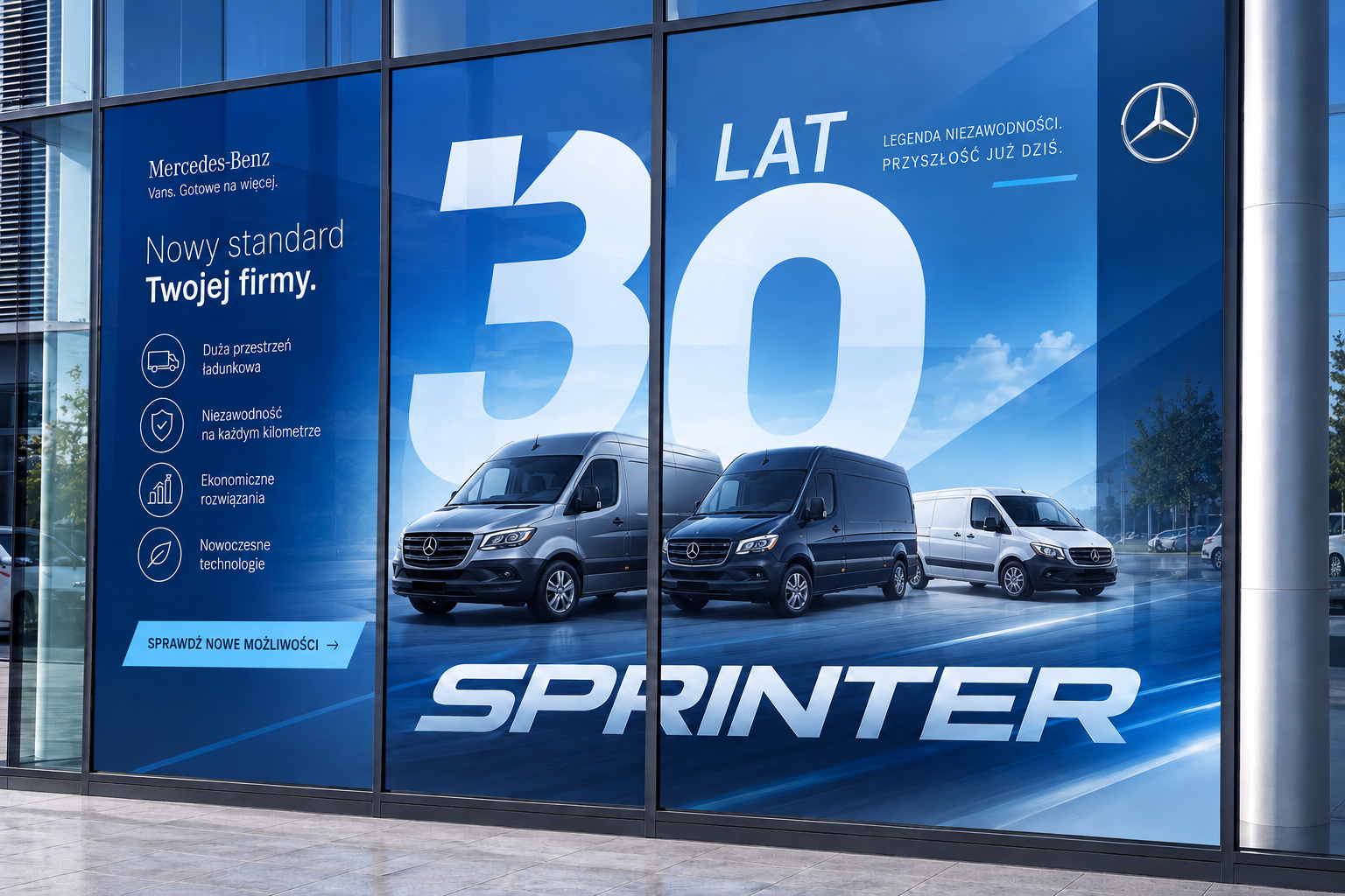 Wielkoformatowa reklama Mercedes-Benz Sprinter na szklanej witrynie salonu w Białymstoku